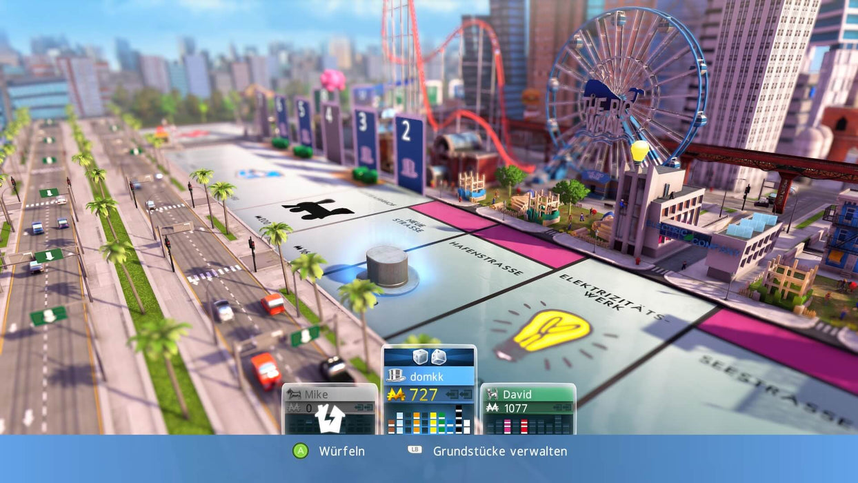 Monopoly Family Fun Pack Xbox city-themed board game view – A dynamic snapshot from the Monopoly Family Fun Pack on Xbox, displaying a city-themed board with recognizable streets and landmarks. The board is set against a bustling city backdrop. Explore this family-friendly game by getting your code at RushGame.co