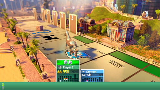 Monopoly Nintendo Switch game board view – A detailed view of the Monopoly game board on Nintendo Switch, featuring a silver horse token on the Community Chest space. The background displays Oxford Street and a vibrant city scene. Get your Monopoly game key at RushGame.co today