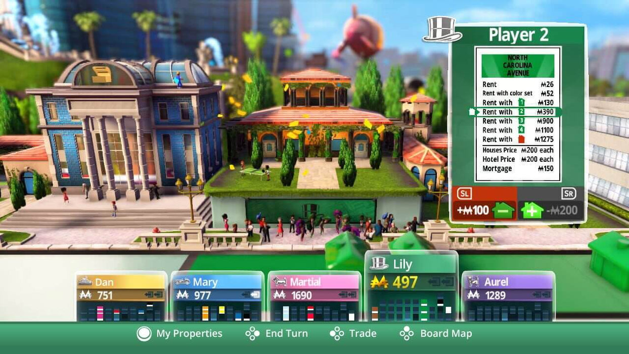 Monopoly Nintendo Switch game board and property management – A close-up of the property management screen in Monopoly on Nintendo Switch, showing detailed stats for North Carolina Avenue. Manage your empire and compete to win! Get your game key from RushGame.co today