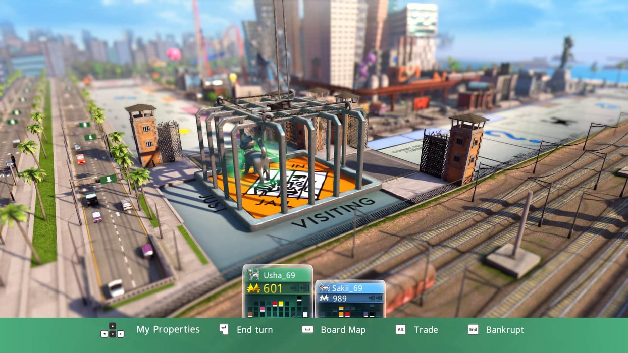 Monopoly Plus Xbox gameplay screen showing a metal dog token in jail – In this vibrant image, a player’s token, represented by a metal dog, is trapped in jail on the Monopoly board. The roads and cityscape in the background reflect the fun and modernized version of the classic Monopoly game. Available now on Xbox at RushGame.co