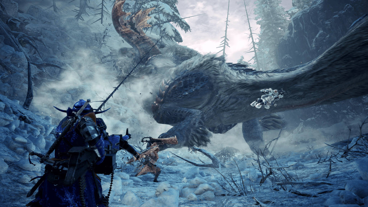 Team of hunters fighting a Beotodus monster in a snowy forest in Monster Hunter World: Iceborne xbox key. Multiple hunters prepare to attack a Beotodus monster, highlighting cooperative gameplay. Find this thrilling adventure on Xbox at RushGame.co