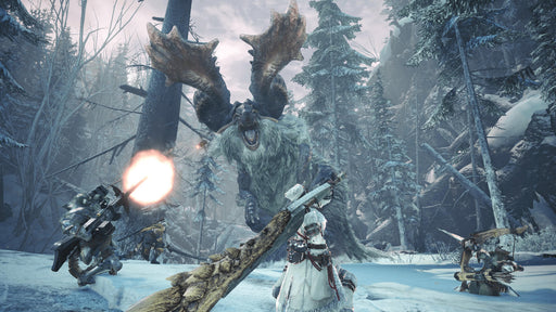 Hunter battling a massive ice dragon in Monster Hunter World: Iceborne Master Edition Deluxe. The hunter is engaging in an epic fight against a giant ice-covered dragon. Available for PC Steam at RushGame.co