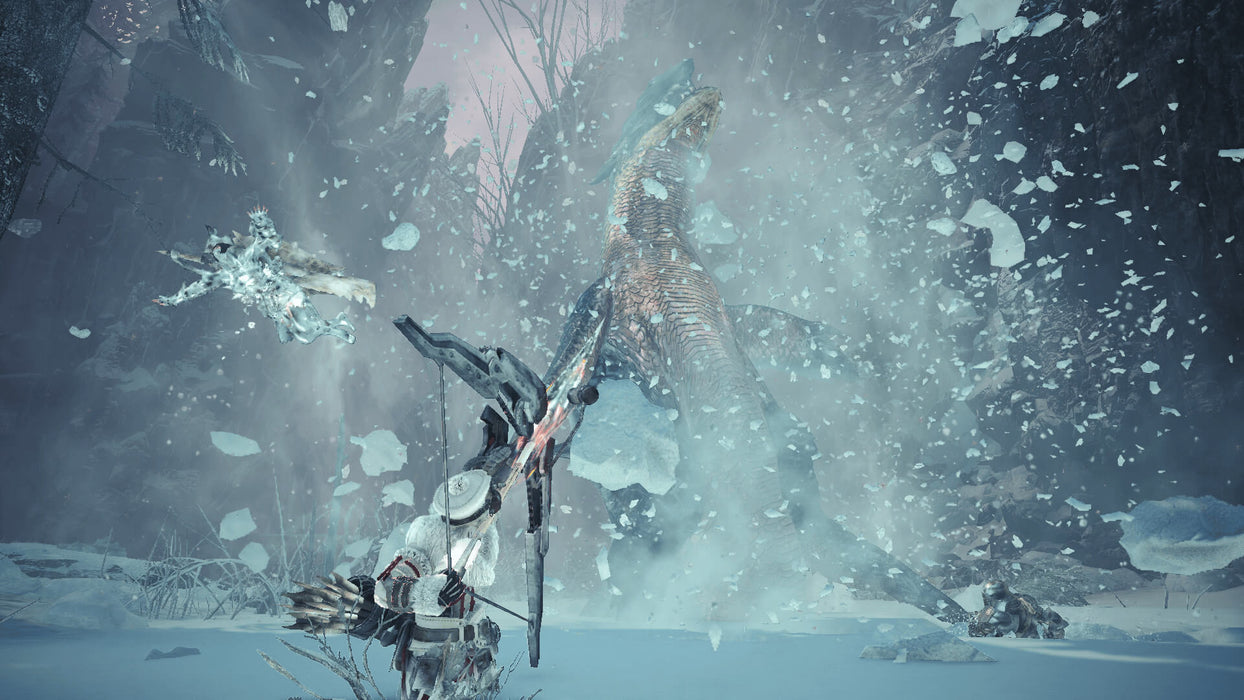 Hunter facing a snow-covered fortress in Monster Hunter World: Iceborne Master Edition steam code. The image shows a hunter dressed in black, standing in front of a winter-themed fortress, holding a large sword. Buy Monster Hunter World: Iceborne Master Edition on PC Steam at RushGame.co