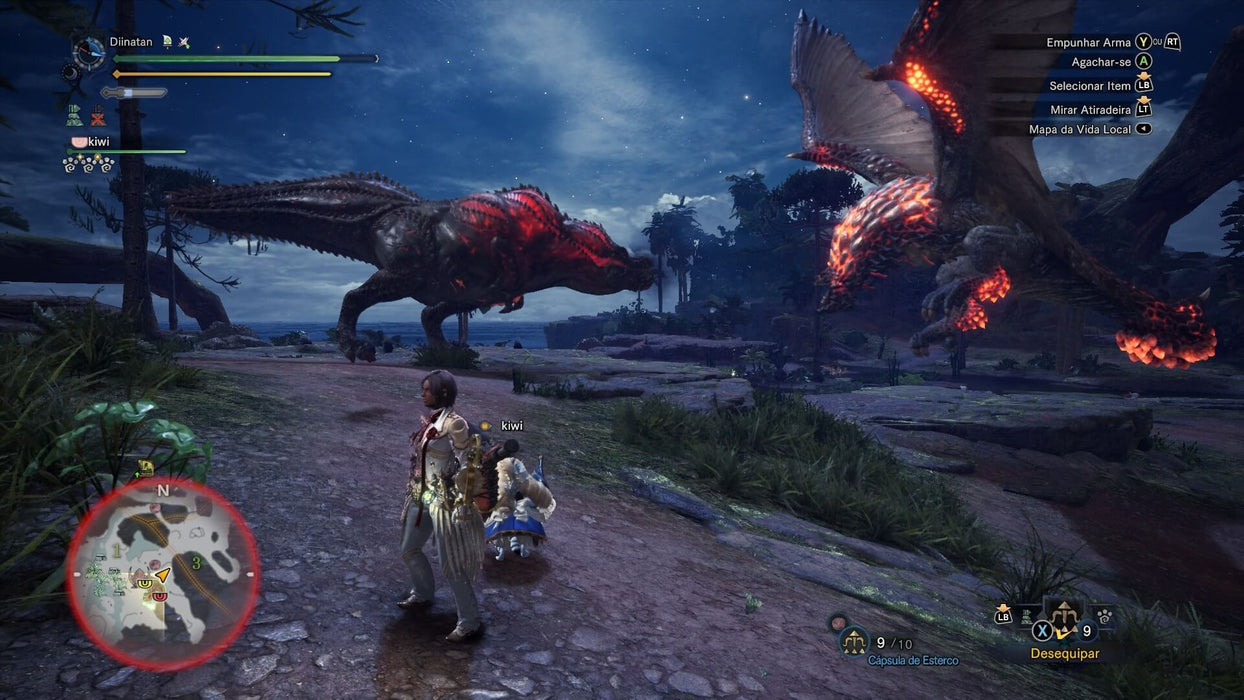 Monster Hunter: World - Dinosaurs and monsters battle gameplay: An intense encounter between two massive monsters, with a player standing nearby. Experience the thrill of monster battles with Monster Hunter: World on PC. Buy now on RushGame.co