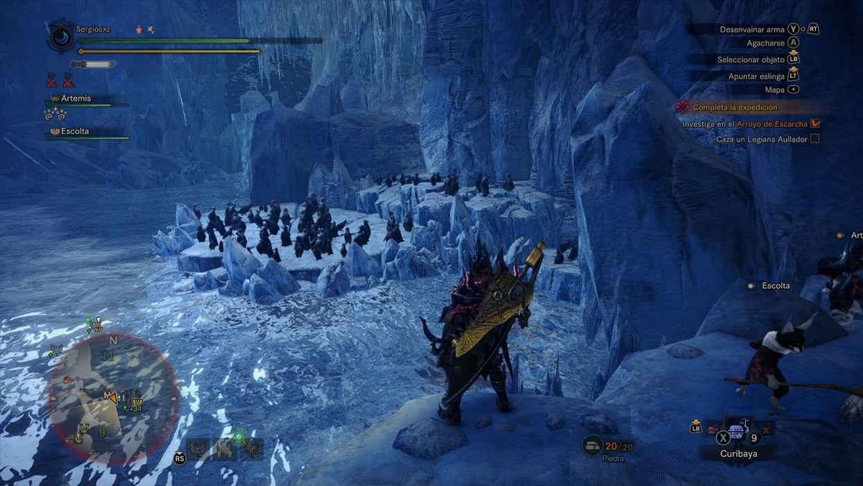 Monster Hunter: World - Exploring icy caverns: A player character exploring icy caverns, observing a group of penguin-like creatures. Explore vast landscapes in Monster Hunter: World on PC Steam. Available now on RushGame.co