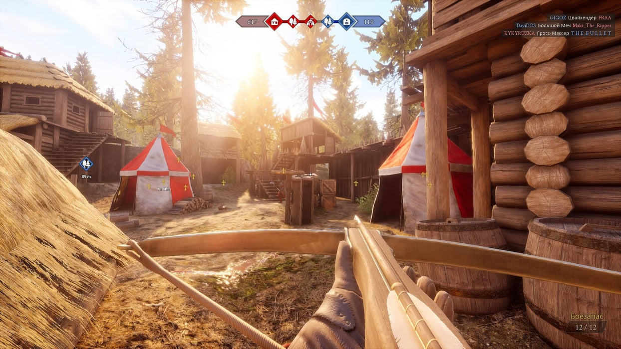 Crossbow gameplay in Mordhau, set in a medieval village environment – A tactical view of a player aiming a crossbow in a sunlit village scene, surrounded by wooden structures and tents. The detailed environment and intense action highlight the strategic elements of Mordhau. Find Mordhau on PC Steam at RushGame.co for an unparalleled medieval experience