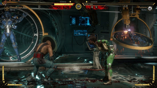 Mortal Kombat 11 Ultimate battle scene showcasing Jax and Kung Lao – This intense in-game screenshot from Mortal Kombat 11 Ultimate Add-On Bundle on PC Steam features a brutal fight between Jax and Kung Lao, highlighting Jax’s powerful stance as Kung Lao is knocked back with his hat ablaze. Available now on RushGame.co