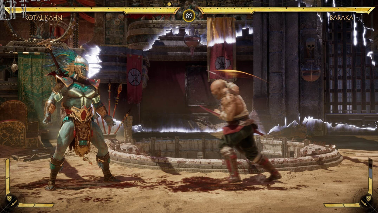 Kotal Kahn vs Baraka fight in Mortal Kombat 11  – Kotal Kahn faces off against Baraka in the arena with powerful weapons drawn, set in the brutal world of Mortal Kombat 11  for PC Steam. Secure your game key on RushGame.co today