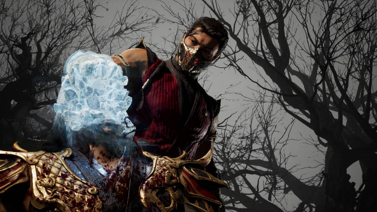 Mortal Kombat 1 gameplay screenshot showing Sub-Zero's fatality – A close-up shot of Sub-Zero delivering his iconic ice fatality move in Mortal Kombat 1. The background features a dark, eerie forest. Available on PC Steam at RushGame.co