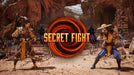 Secret fight between two fighters in Mortal Kombat 1 – Liu Kang and Kung Lao face off in a secret fight in the desert arena. The screen displays the "Secret Fight" message. Find Mortal Kombat 1 on PC Steam at RushGame.co