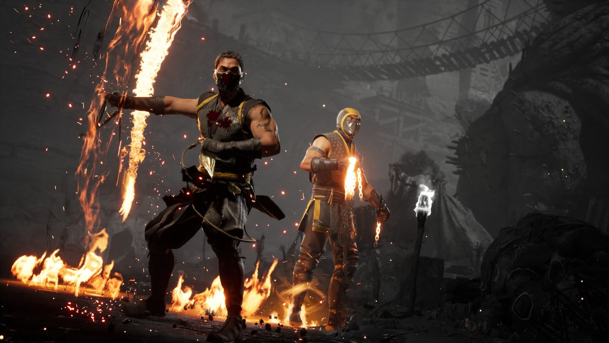 Scorpion and Hanzo preparing for battle in Mortal Kombat 1 – Scorpion and Hanzo stand ready in a fiery battleground with their iconic weapons drawn. Experience Mortal Kombat 1 on PC Steam, available at RushGame.co