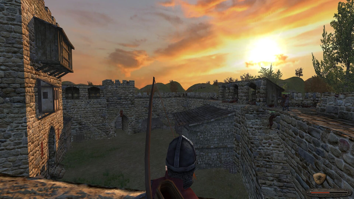 Mount & Blade PC Castle Siege Gameplay – A first-person view of a castle siege at sunset in Mount & Blade, with a bowman defending the fortress walls. Buy Mount & Blade Collection game keys for PC on Steam at RushGame.co