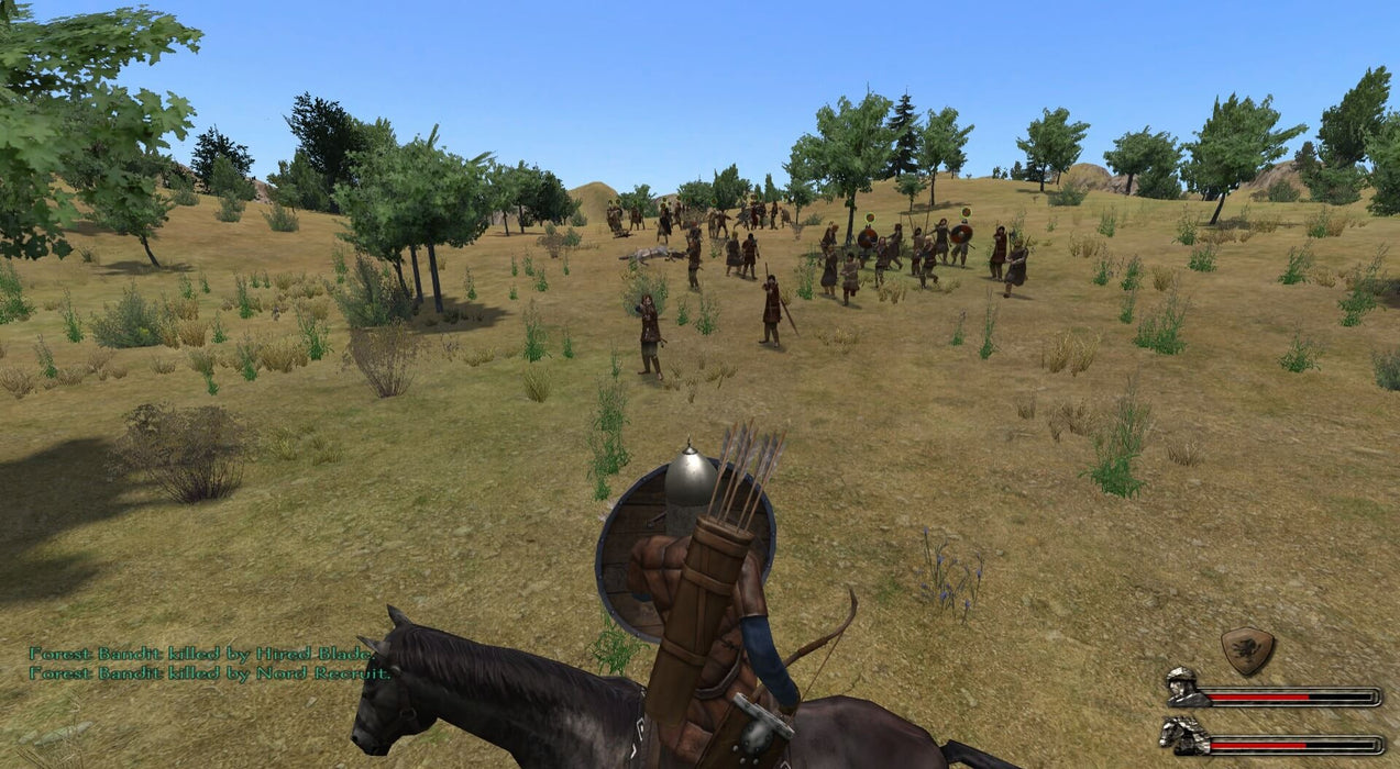 Mount & Blade PC Battlefield Strategy View – An overhead view of an intense battlefield in Mount & Blade, with archers and infantry advancing through an open plain. Purchase Mount & Blade Collection on PC Steam at RushGame.co