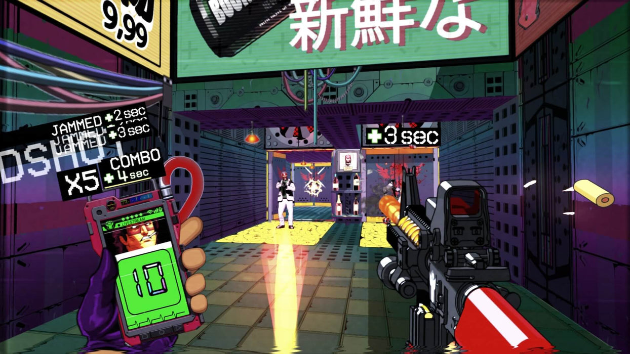 Mullet MadJack PC game - fast-paced shooter action: An in-game screenshot showcasing intense, fast-paced action with a player firing at enemies in a neon-lit alleyway, with combo and timer indicators on the screen. From Mullet MadJack on PC Steam. Available at RushGame.co