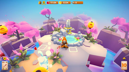 A whimsical fantasy scene in My Little Universe with a character gathering resources near a mystical fountain surrounded by pink foliage. The game’s creative art style and vibrant environments make it a colorful adventure. Purchase the Steam key at RushGame.co