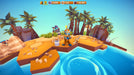 A tropical island landscape from My Little Universe, featuring a character standing by the water with fishing gear. Palm trees and rocky terrain create a serene environment, highlighting the game's exploration and crafting elements. Available now on PC via RushGame.co