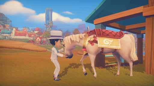 A character dressed in white feeds a horse near a stable with the colorful town of Portia in the background, in My Time At Portia on Nintendo. Purchase the game key at RushGame.co