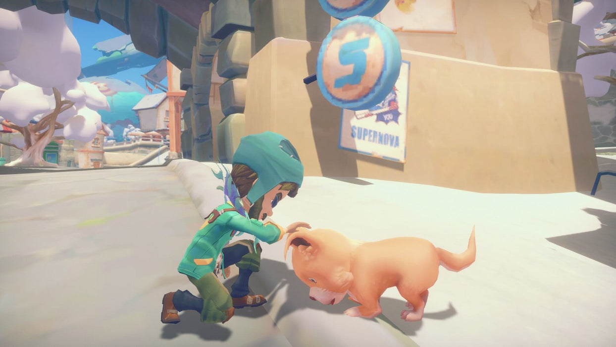 A character kneeling to pet a small dog in the winter streets of Portia in My Time At Portia on PC Steam. Purchase the game key now at RushGame.co.