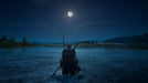 Moonlit scene of a warrior standing in water in Myth of Empires on PC – This serene image captures a lone warrior standing in shallow waters, gazing at the full moon, reflecting the strategic survival elements of Myth of Empires. Play Myth of Empires on PC, available at RushGame.co