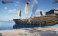 Myth of Empires steam key gameplay showcasing a traditional wooden ship docked near the beach – This image highlights a large wooden ship with traditional sails, set against a calm shoreline with a volcano in the background. Explore naval combat and sailing in Myth of Empires on PC, available now at RushGame.co