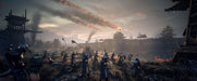 Battle scene from Myth of Empires featuring archers and siege weapons – A dramatic image showing an intense battle with archers launching an attack on a fortified castle under siege, while flaming projectiles streak through the sky. Experience large-scale battles in Myth of Empires on PC at RushGame.co