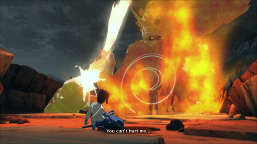 Sasuke unleashes a fire jutsu – Sasuke performs a powerful fire jutsu against his enemy, with flames dominating the scene. Experience the action in NARUTO SHIPPUDEN: Ultimate Ninja STORM 2 available on RushGame.co