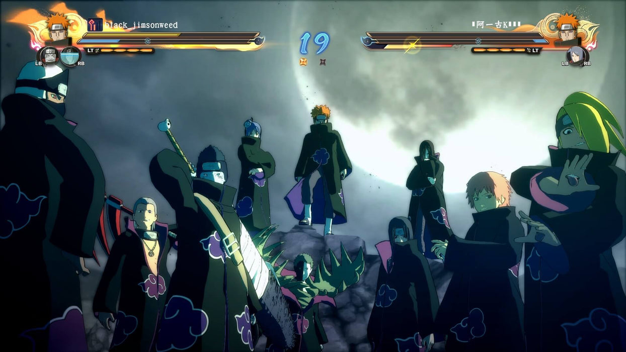 NARUTO SHIPPUDEN: Ultimate Ninja STORM 4 Road to Boruto battle scene - A dynamic combat screenshot showing Naruto in the middle of a powerful attack against a group of enemies. The battle takes place under a moonlit sky, with Naruto's health bar and in-game UI displayed on the screen. Available now on Xbox at RushGame.co