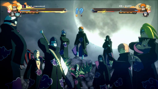 NARUTO SHIPPUDEN: Ultimate Ninja STORM 4 Road to Boruto battle scene - A dynamic combat screenshot showing Naruto in the middle of a powerful attack against a group of enemies. The battle takes place under a moonlit sky, with Naruto's health bar and in-game UI displayed on the screen. Available now on Xbox at RushGame.co