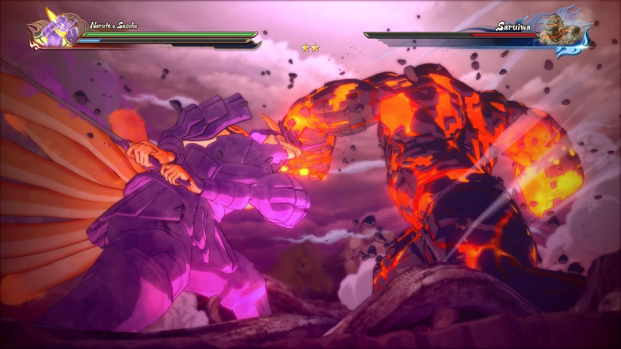 Naruto and Sasuke in an epic boss fight - A screenshot from NARUTO SHIPPUDEN: Ultimate Ninja STORM 4 Road to Boruto featuring Naruto and Sasuke teaming up against a massive fiery boss. Their vibrant energy attacks clash in this high-stakes battle. Available on Xbox at RushGame.co