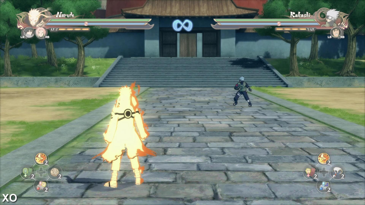 Naruto vs Kakashi arena battle - A face-off between Naruto and his mentor, Kakashi, in an open arena. This image highlights the thrilling combat and rich visuals of Naruto Shippuden: Ultimate Ninja Storm Legacy. Get your Xbox game code today at RushGame.co