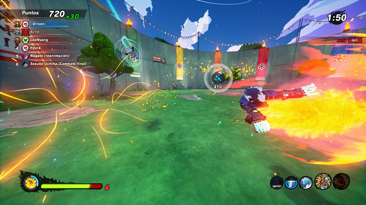 Naruto To Boruto: Shinobi Striker Xbox Multiplayer Match – Two players engage in a heated battle, with one unleashing a fiery attack in the center of a combat arena. This action-packed screenshot reflects the competitive multiplayer mode featured in Shinobi Striker, available on Xbox at RushGame.co