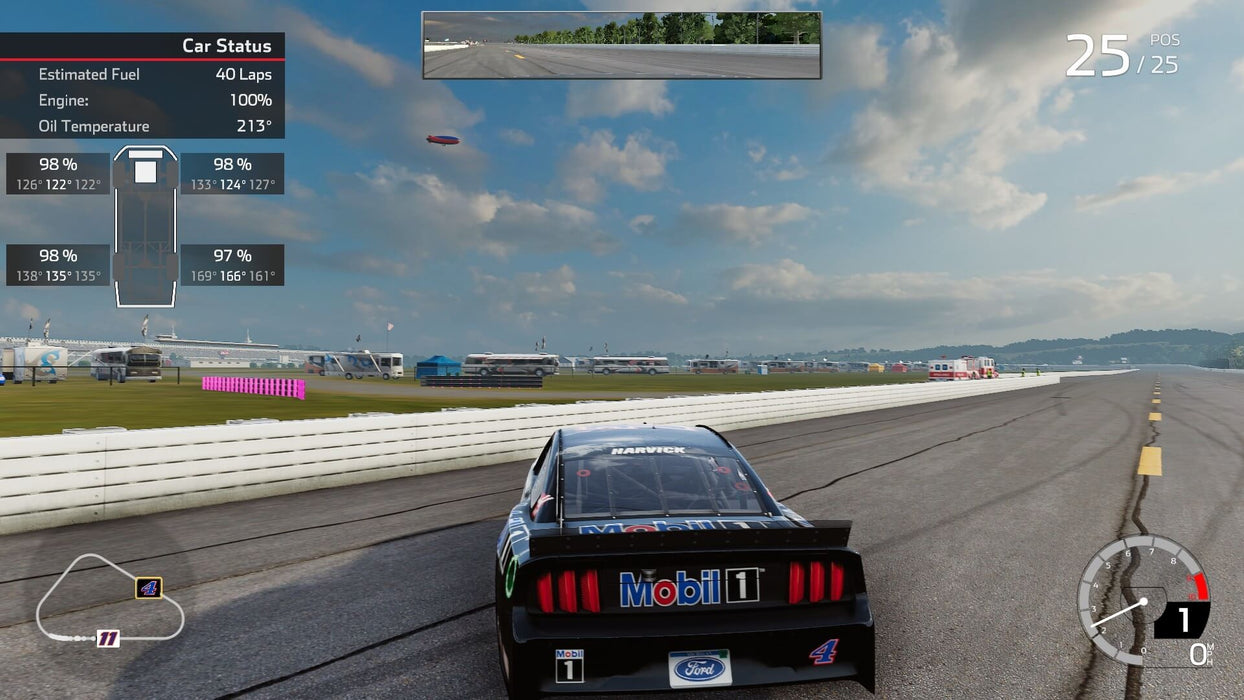 NASCAR Heat 5 gameplay at the racetrack on PC Steam – A Mobil 1 car drives through the final lap of a race with full engine stats displayed on the screen. Get the NASCAR Heat 5 Steam key at RushGame.co for an immersive racing simulation