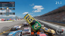 NASCAR Heat 5 crash scene during a race on PC Steam – A chaotic in-game screenshot showing a major crash on the racetrack, with a yellow Quaker State car flying mid-air. On-screen stats show fuel level and temperature details for the player's car. Available at RushGame.co