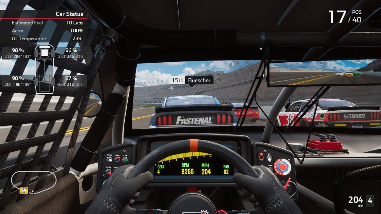 In-car view during a NASCAR Heat 5 race on PC Steam – First-person cockpit view of the player racing behind the wheel, with car status showing fuel, temperature, and other details on-screen. RushGame.co offers the full racing experience