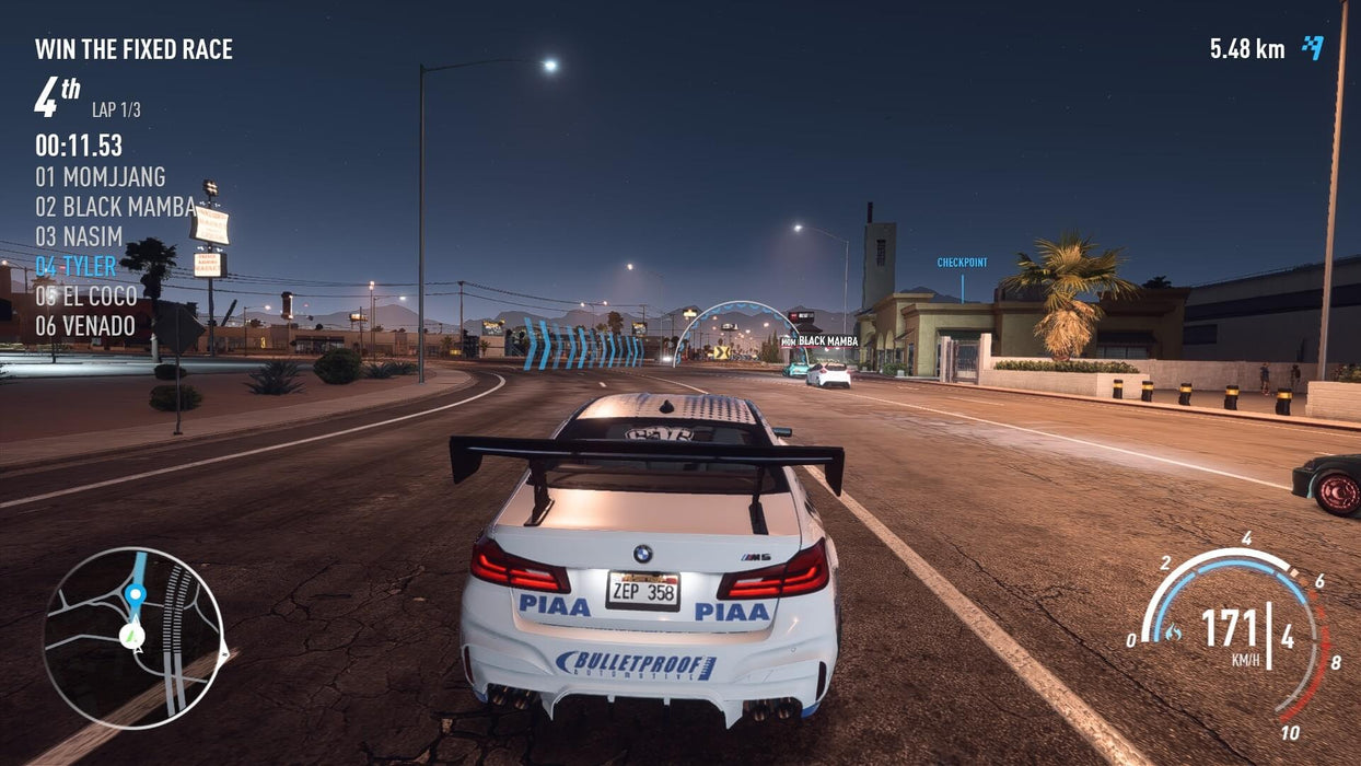 BMW M5 racing at night with player position in fourth place in Need for Speed Payback Deluxe Edition on Xbox" – The image shows a BMW M5 speeding through city streets during a night race, with a player position in fourth place, captured from Need for Speed Payback Deluxe Edition on Xbox, offering intense racing action