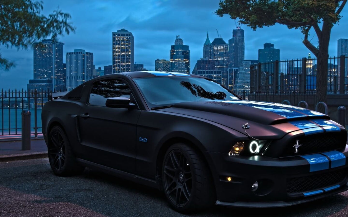 Close-up of a Ford Mustang in Need for Speed Rivals on PC EA Play – A sleek black Ford Mustang parked with a nighttime cityscape in the background. The car’s matte finish and blue racing stripes make it stand out. Get the game on RushGame.co