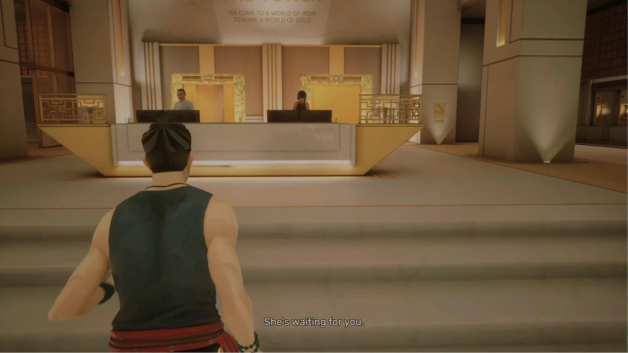 In-game screenshot from Sifu on Steam, featuring the protagonist approaching a modern reception desk inside a bright, elegant building. Purchase your Sifu Steam Key at RushGame.co for immediate access to this cinematic action experience