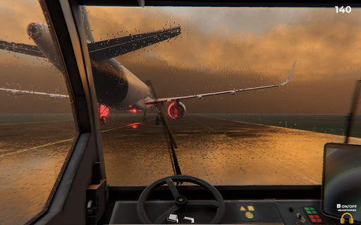 AirportSim PC gameplay screenshot displaying an aircraft being guided on a rainy runway, highlighting realistic weather effects and ground operations. Get your AirportSim steam digital key now at RushGame.co