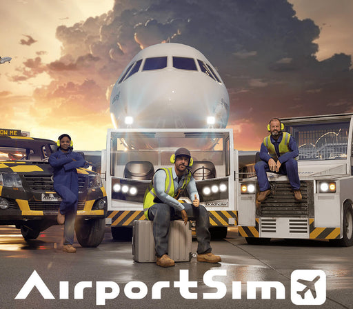 AirportSim PC Steam CD Key cover image featuring ground crew standing in front of an airplane at sunset, showcasing realistic airport simulation experience. Buy your AirportSim key at RushGame.co for instant digital delivery