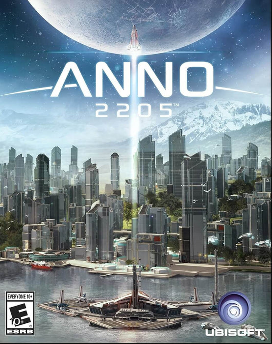 Anno 2205 game cover featuring a futuristic city and spacecraft launch, available as a digital CD key for Ubisoft Connect. Buy your activation code now at RushGame.co and lead humanity to a new era!