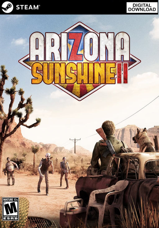 Arizona Sunshine 2 PC Steam CD Key - Official Cover Art
Get Arizona Sunshine 2 for Steam VR and fight hordes of zombies in a sun-scorched, post-apocalyptic world. The official cover art features a survivor and his canine ally facing an undead threat.