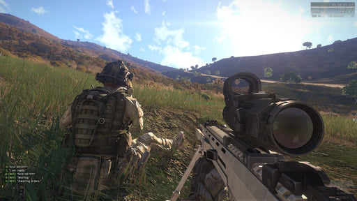 A realistic in-game screenshot from ARMA 3, showing a soldier observing the battlefield with a scoped rifle in a vast open landscape. Purchase your ARMA 3 PC CD Key on RushGame.co and experience intense tactical warfare.