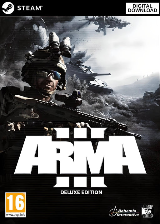 Official cover art for ARMA 3: Digital Deluxe Edition on PC Steam, featuring a soldier with tactical gear and a rifle, set against a battlefield backdrop with helicopters and armored vehicles. Get your ARMA 3 Steam CD Key at RushGame.co for an immersive military simulation experience!