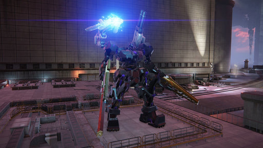 "A towering combat mech wields an energy weapon, glowing blue, inside an industrial complex in Armored Core VI: Fires of Rubicon. Buy your Steam CD Key now at RushGame.co and experience intense mech battles with advanced customization.