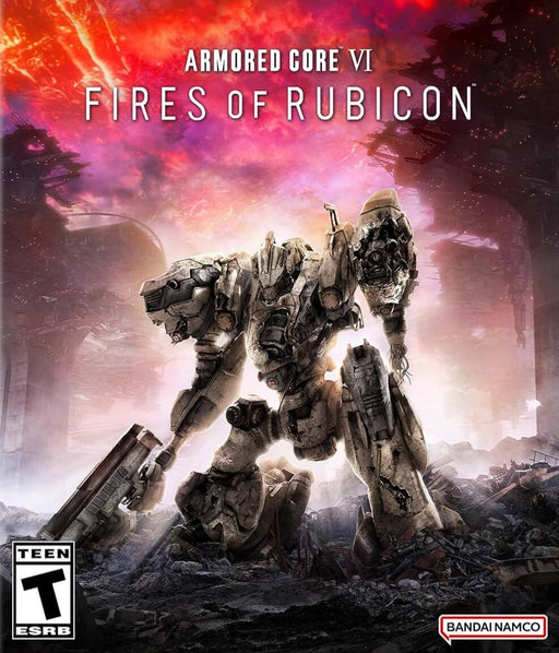 Official cover art for Armored Core VI: Fires of Rubicon featuring a battle-worn mech standing amidst the ruins under a fiery sky. Get your Armored Core VI PC Steam CD Key instantly at RushGame.co for fast digital activation and epic mech combat.