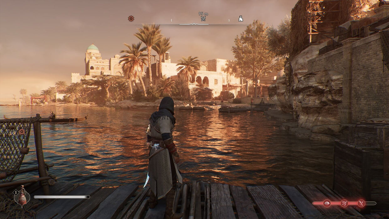 The protagonist of Assassin’s Creed Mirage stands near a shimmering body of water at sunset, gazing at a distant cityscape. Unlock your adventure with an Assassin’s Creed Mirage Xbox digital code, available instantly at RushGame.co