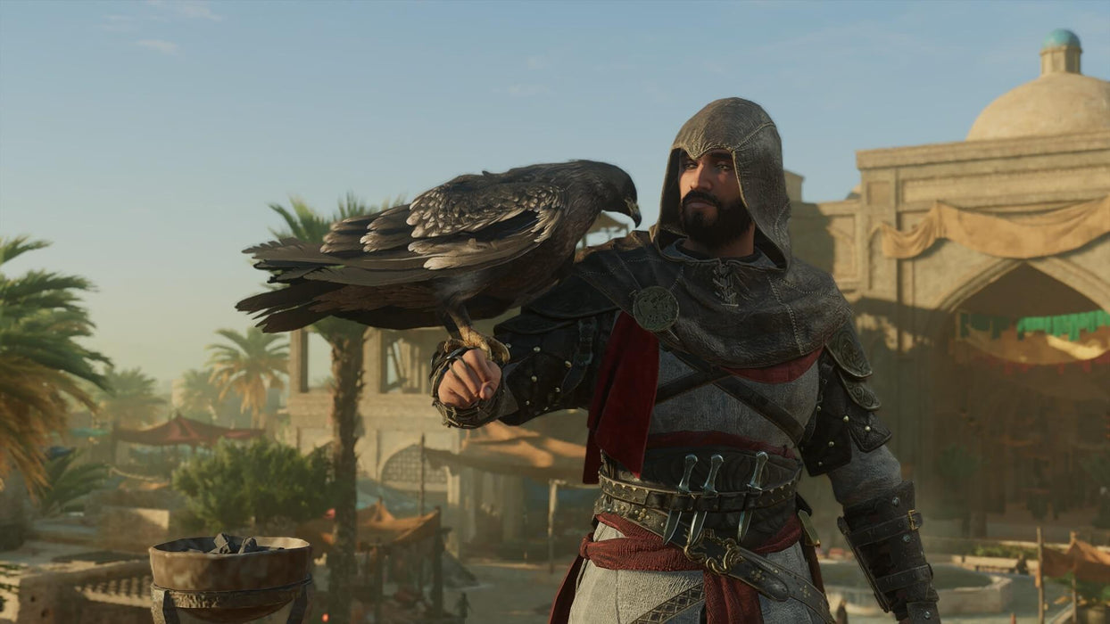 A close-up of the protagonist holding a majestic eagle in Assassin’s Creed Mirage, set against the bustling streets of medieval Baghdad. Unleash your inner assassin and secure your Assassin’s Creed Mirage Xbox game key now at RushGame.co