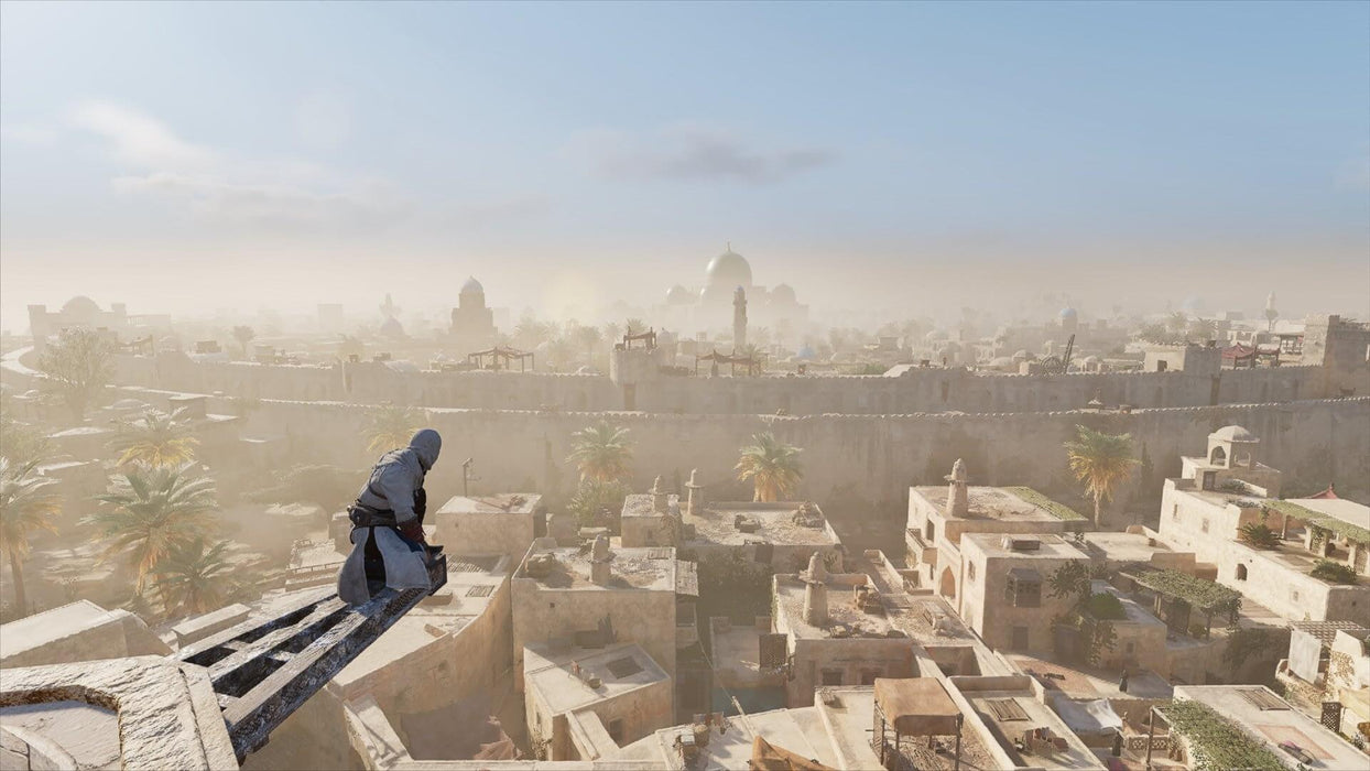 A breathtaking panoramic view of Baghdad in Assassin’s Creed Mirage, with the protagonist surveying the city from a high vantage point. Step into the world of ancient intrigue—grab your Assassin’s Creed Mirage Xbox key at RushGame.co today