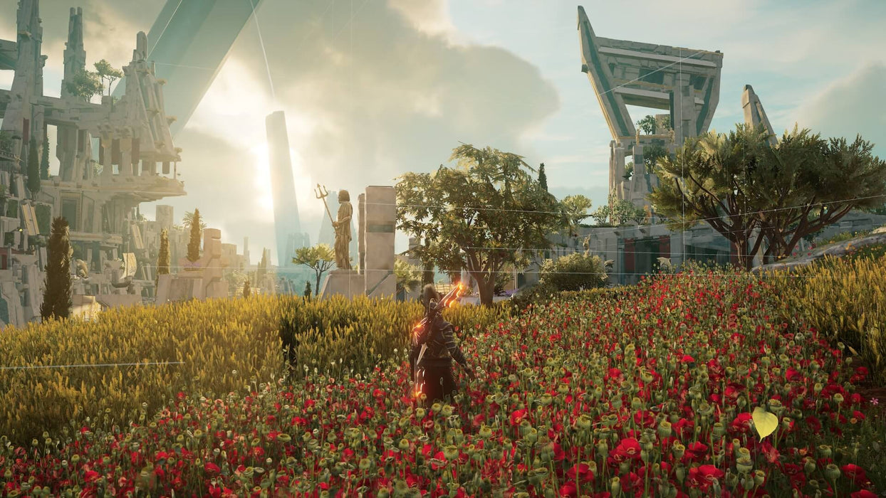 A lone warrior standing in a field of red flowers, gazing at the ruins of a lost civilization. Experience the ultimate Assassin’s Creed adventure—available at RushGame.co