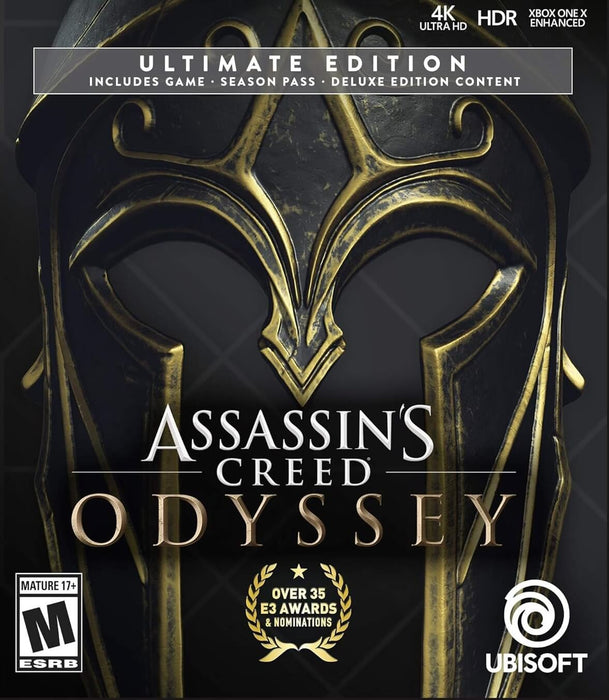 Assassin’s Creed Odyssey - Ultimate Edition official cover, featuring a golden Spartan helmet. Buy your digital key at RushGame.co